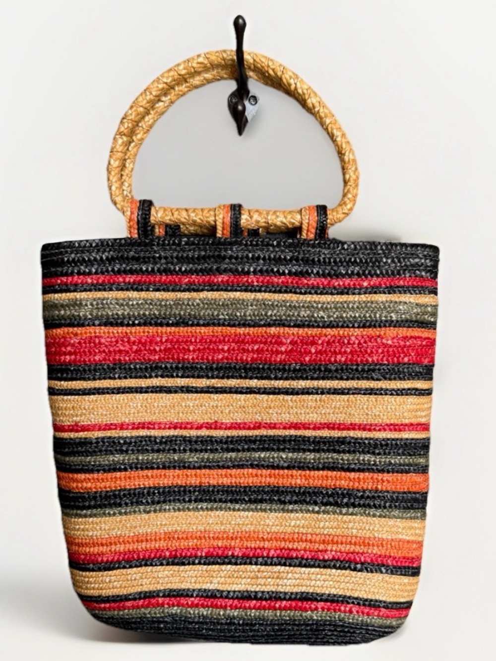 Vintage Woven Straw Stripe Tote Bag Purse Coastal Grandma Y2K Boho Summer Beachy